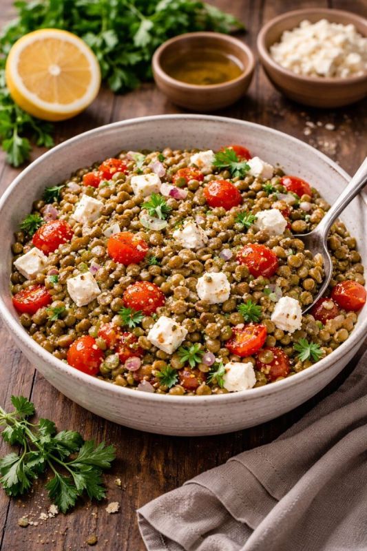 Тёплый салат с чечевицей и фетой: вкусный завтрак без тяжелого нагромождения